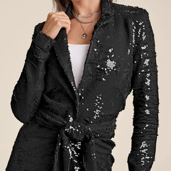 Allover Black SEQUIN BELTED BLAZER🔥🔥 NWT - Picture 1 of 5